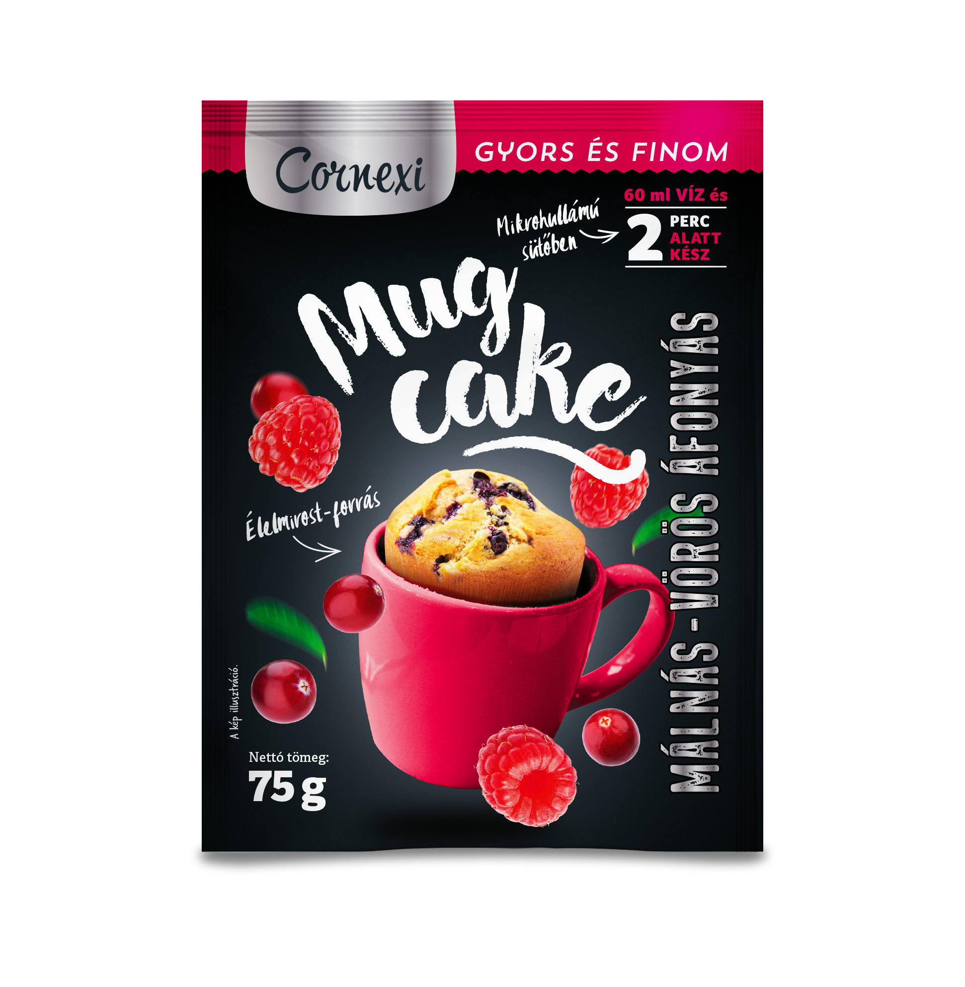 Cornexi Mug cake Vörös áfonyás-málnás alappor bögrés sütemény készítéséhez 75g